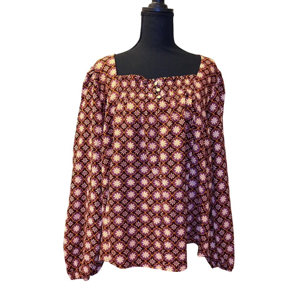 Draper James XXL Brown & Gold Floral Blouse | Long Sleeve NWT